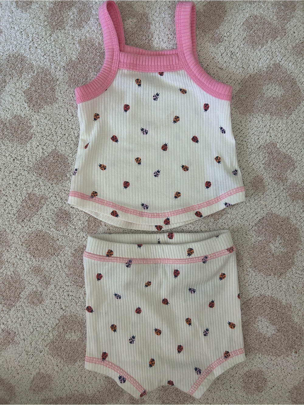 Old Navy White Cream Ribbed Tank & Shorts Set with Pink Trim and Ladybug Print